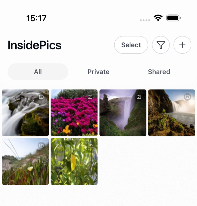The InsidePics library on iOS, showing All, Private and Shared tabs above a grid of photos.